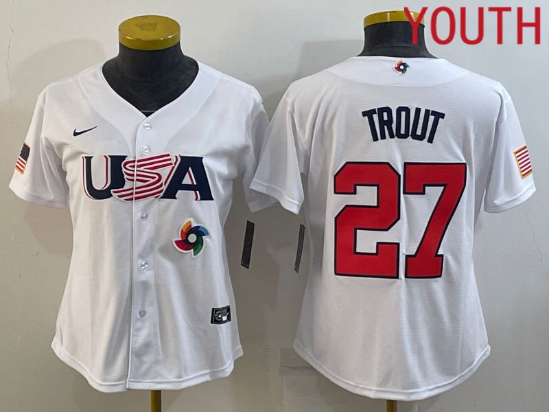 Youth 2023 World Cub USA 27 Trout White MLB Jersey8